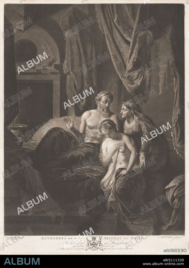 Bathsheba Bringing Abishag to David, Print made by Richard Earlom, 17431822, British, after Adriaan van der Werff, 16591722, Dutch, 1779, Mezzotint and etching on medium, slightly textured, cream laid paper, Sheet: 25 5/8 × 19 3/8 inches (65.1 × 49.2 cm), Plate: 24 7/8 × 18 1/8 inches (63.2 × 46 cm), and Image: 23 1/8 × 18 inches (58.7 × 45.7 cm), bed, canopy, caretaker, Christianity, conversation, elderly, influencing, Judaism, Old Testament, power, religious and mythological subject, virgin, wife.