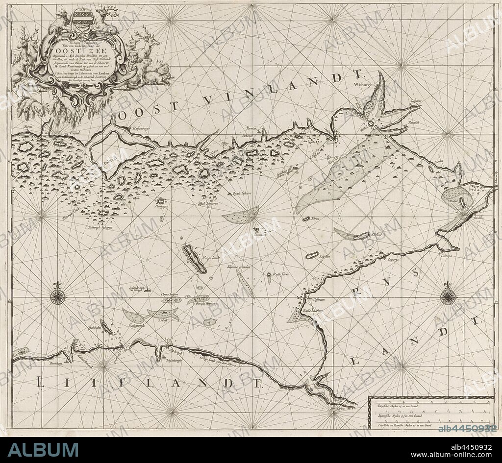 Map of the eastern part of the Gulf of Finland New pass for part of the Baltic Sea starting from 2 Myl west Broklom to a and Strellen, as well as the Coast of East Vinlandt, starting from Parna to the Schans ter Ny. Zynde Naeukeurigh on systems and many errors Verbeetert. (title on object), Map of the eastern part of the Gulf of Finland, with two compass roses, the North is above. Above left a cartouche with the title and address of the publisher, decorated with a weapon, deer, bears and seals. Bottom right the scale in German, Spanish and English or French miles (scale: c. 1: 400 000), beasts of prey, predatory animals: bear, hoofed animals: deer, swimming mammals: seal, Baltic Sea area, Jan Luyken (possibly), Amsterdam, 1681 - 1799, paper, engraving, h 520 mm × w 585 mm.