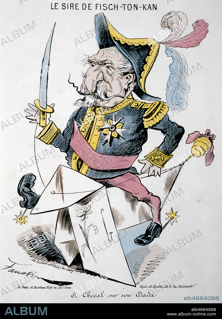 'Le sire de Fish-ton-kan a cheval sur son dada' : NAPOLEON III (1808-1873) sur un cheval en papier. Caricature a propos de la capitulation de Sedan et la decheance de l'Empereur. Caricature de FAUSTIN (1847-1918) publiee dans une feuille periodique vers 1870. Credit : Collection KHARBINE-TAPABOR.