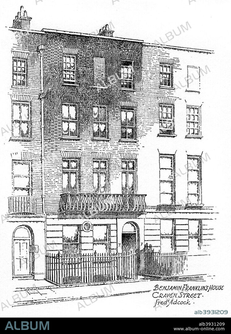 Benjamin Franklin's house, Craven Street, London, 1912. Benjamin Franklin, American statesman, printer and scientist (1706-1790), lived here between 1757 and 1775. Benjamin Franklin House, just off Trafalgar Square, is now a museum. Illustration from Famous Houses and Literary Shrines of London, by John Adcock, (J M Dent and Sons, London, New York, 1912).