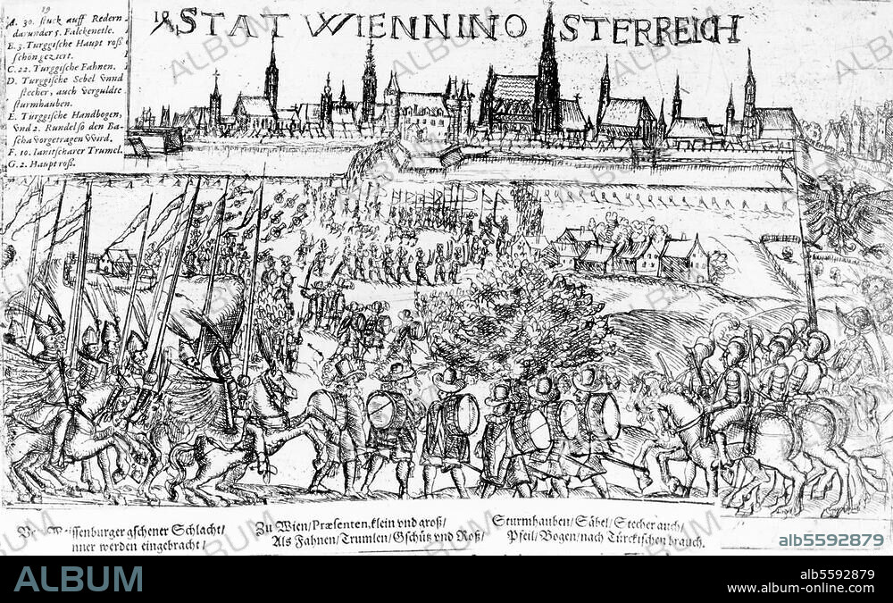 Türkenkriege unter Kaiser Rudolf II. (langer Türkenkrieg 1593-1606). Nach dem Sieg der kaiserlichen Truppen über die Türken bei Stuhlweißenburg, am 3. November 1593:. Einzug der mit Kriegsbeute beladenen Truppen in Wien, am 1. Januar 1594. Anonyme Eisenradierung, zeitgenössisch, 1603. Berlin, Sammlung Archiv für Kunst und Geschichte.