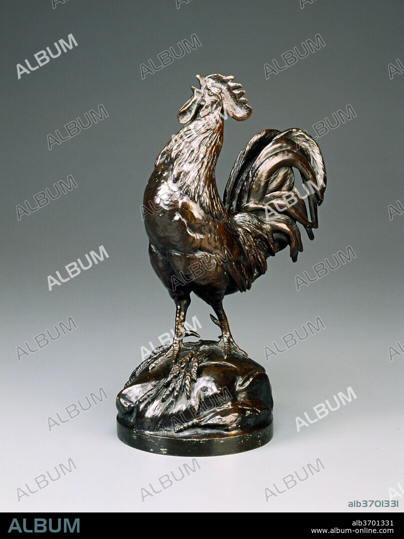 AUGUSTE-NICOLAS CAIN. French Cock Crowing. Dated: model c. 1860/1894, cast possibly 1890s/c. 1914. Dimensions: overall: 30.5 x 13.5 x 29.8 cm (12 x 5 5/16 x 11 3/4 in.). Medium: bronze.