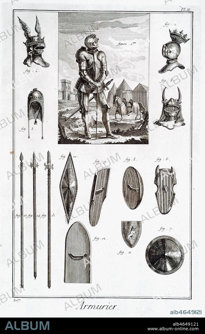 Armurier : armure des anciens francais. Un gendarme, d'apres un monument du debut du 15eme siecle. En dessous et a cote, les elements composant son armure : casque ou haume, lance et bouclier. Derriere, son cheval equipe pour le combat. Gravure tiree d'une planche de l'encyclopedie DIDEROT ET D'ALEMBERT (ou dictionnaire raisonne des sciences, des arts et des metiers, recueillis des meilleurs auteurs...),1751-1772. Credit : Collection Mx/Kharbine-Tapabor.