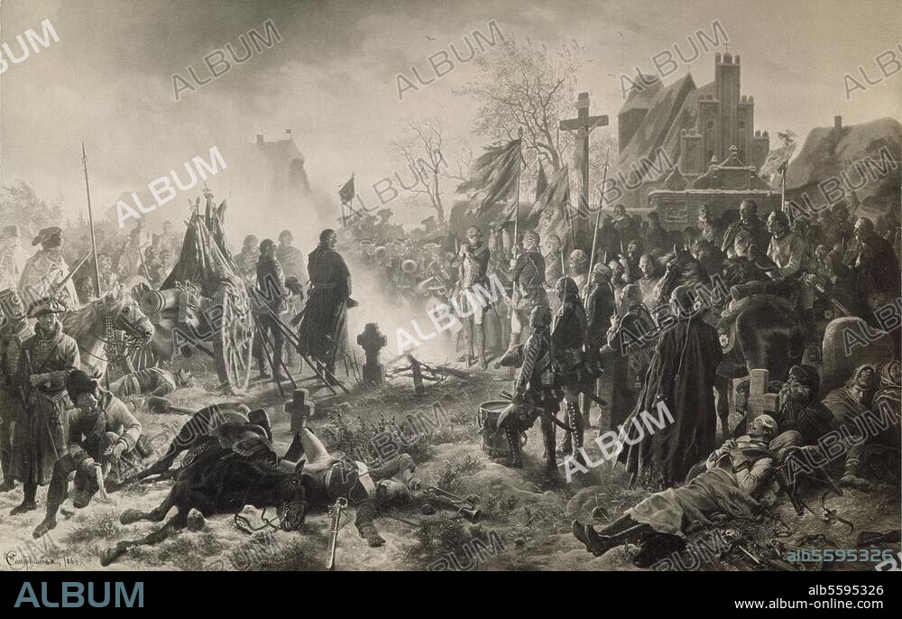 Siebenjähriger Krieg 1756-63:. Schlacht bei Leuthen am 5. Dezember 1757. "Der Choral am Abend der Schlacht bei Leuthen". (Sieg der Preußen unter Friedrich d. Gr. über die Österreicher unter Prinz Karl von Lothringen). Gemälde, 1864, von Wilhelm Camphausen (1818-1885).