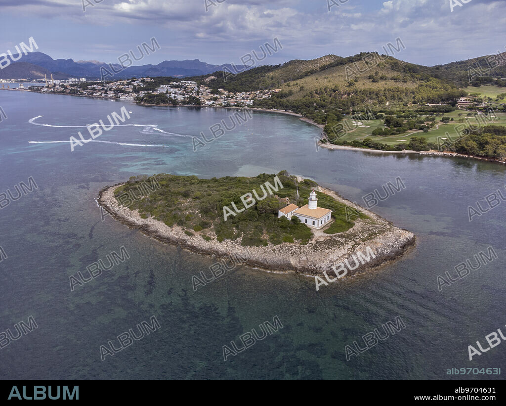 beach and island of Alcanada, Club de Golf Alcanada, Alcudia, . Majorca, Balearic Islands, Spain.