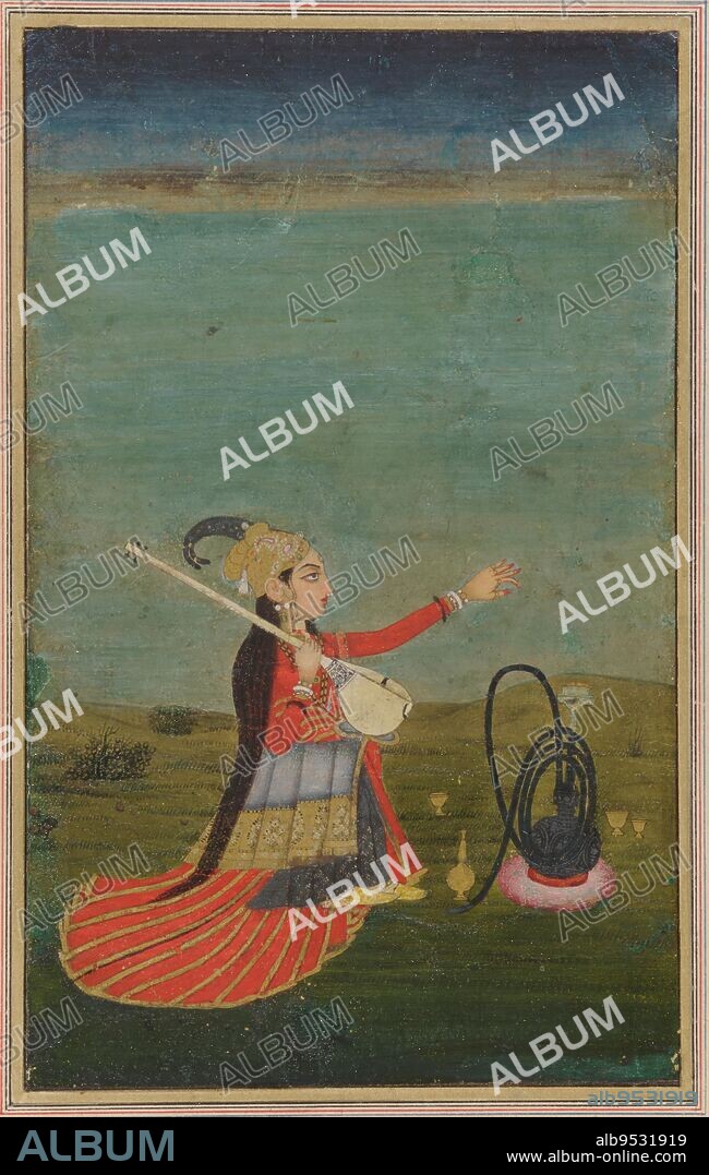 Female performer with tanpura. Date: 18th century. Origin: India. Period: Mughal dynasty. Color and gold on paper.