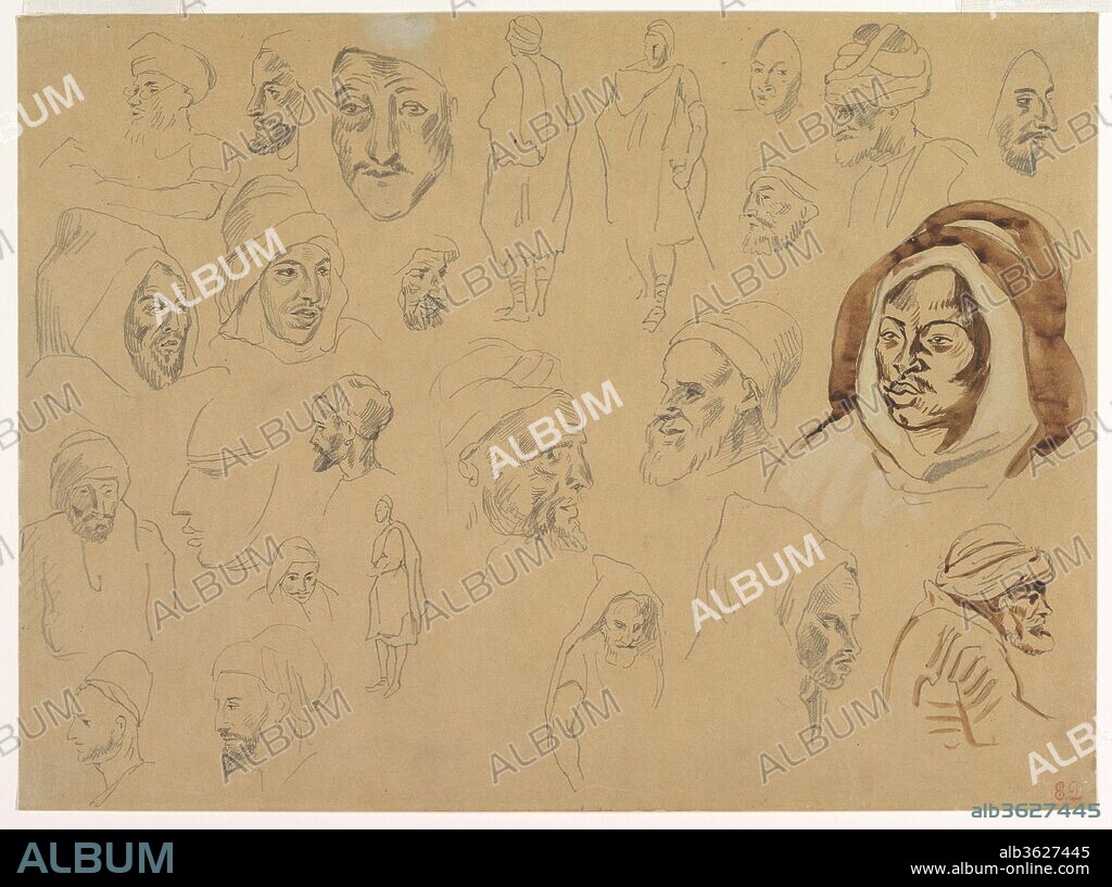 EUGENE DELACROIX. Studies of Arab Heads and Figures. Artist: Eugène Delacroix (French, Charenton-Saint-Maurice 1798-1863 Paris). Dimensions: sheet: 10 3/8 x 14 3/16 in. (26.4 x 36.1 cm). Date: after 1832.
During the five months Delacroix spent in Morocco in 1832, he assiduously recorded the people and places he visited in drawings and journal entries. On this large sheet he sketched an array of local people, capturing their facial features and clothing. Such drawings often served as inspiration for finished compositions, which he completed much later. As the artist wrote in his journal in 1853: "I did not begin to do anything worthwhile from my North African journey until I had so far forgotten the small details as to recall only the striking and poetic aspects. Up to then, I was pursued by the love of exactitude which the majority take for truth.".