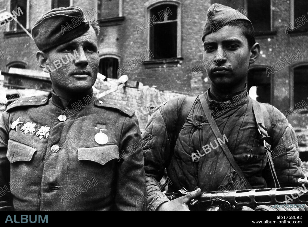 Two Soviet soldiers. The first two Soviet soldiers to enter the Reichstag in the evening of 30 April 1945. Berlin, 1st May 1945.