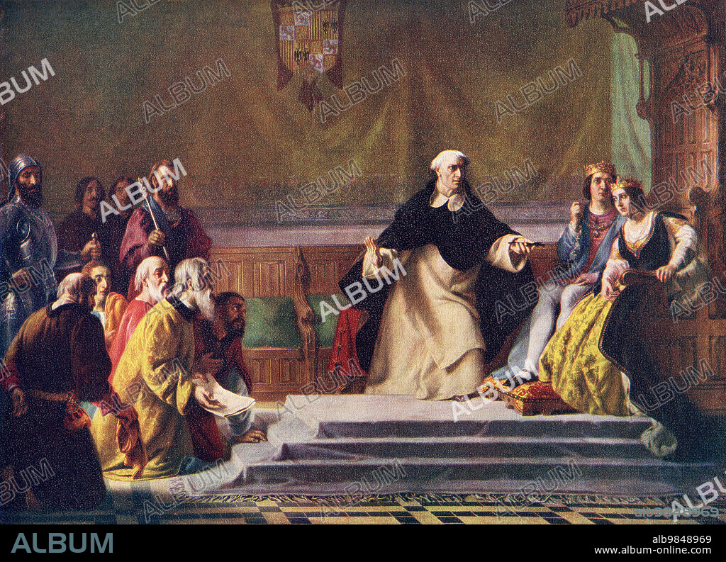 The expulsion of the Jews from Spain by Isabella I of Castile and Ferdinand II of Aragon, 31 March 1492. Isaac ben Judah Abravanel, left, pleads before the queen for the recission of the edict but the Grand Inquisitor Thomas de Torquemada, crucifix in hand, convinces her. From Hutchinson's History of the Nations, published 1915.