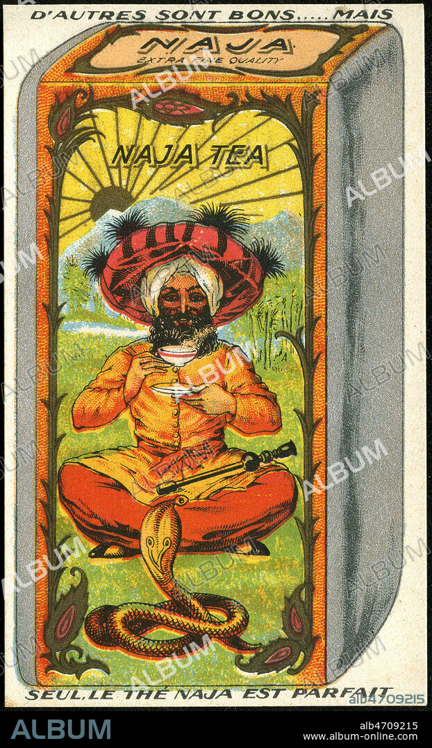D'autres sont bons, mis seul le the Naja est parfait. (Charmeur de serpent indien). Illustration anonyme pour une carte postale publicitaire vers 1910. Credit : Collection Grob/KHARBINE-TAPABOR.