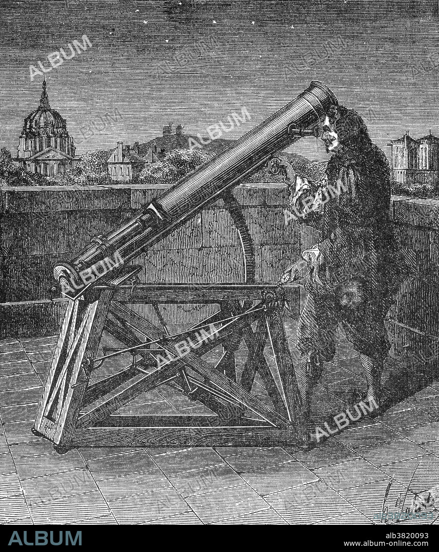 Newtonian Telescope, 17th Century. The Newtonian telescope is a type of reflecting telescope invented by the English physicist Sir Isaac Newton (16421727). The earliest known functional reflecting telescope, completed in 1668, it used a concave primary mirror and a flat diagonal secondary mirror. Illustration from Louis Figuier's The Great Inventions, 1870.
