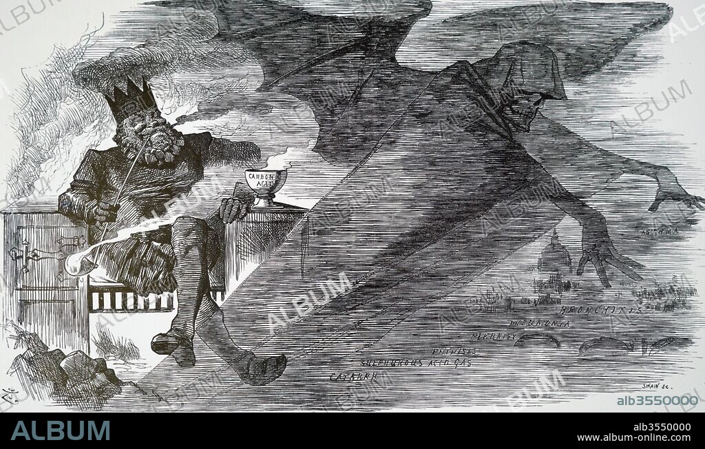 Cartoon depicting the effects of coal burning on London. 'Old King Coal' is shown using a typical kitchen range as an armchair, while the spectre of Fog hangs over the city suffering from its suffocating fumes. Illustrated by John Tenniel (1820-1914) an English illustrator graphic humourist, and political cartoonist. He was knighted for his artistic achievements in 1893. Dated 19th century.