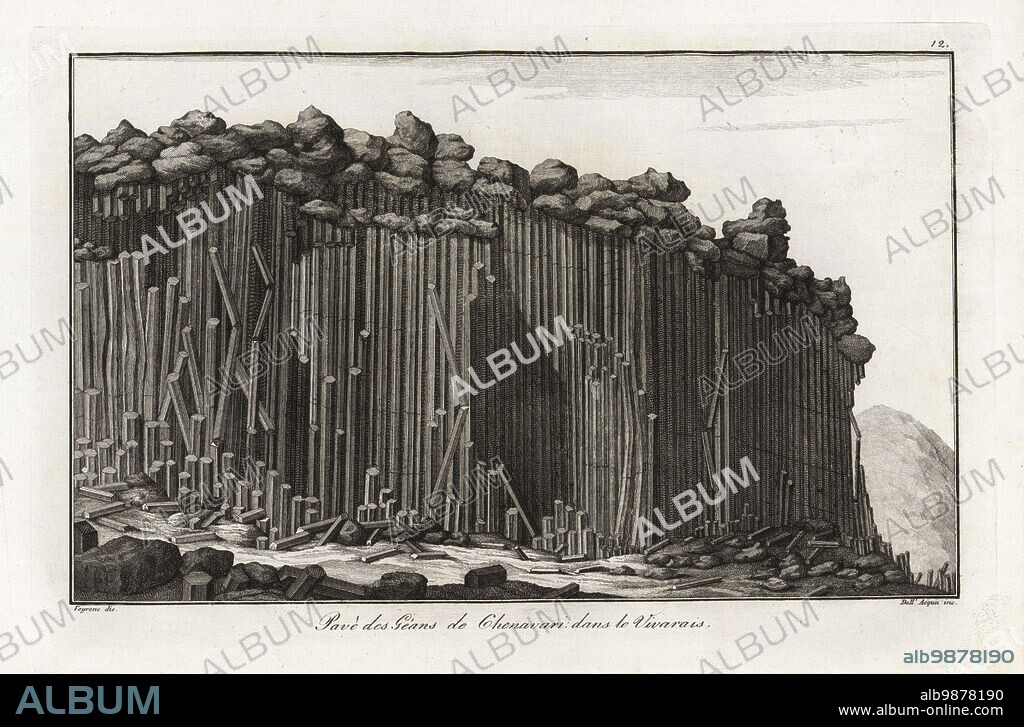 Colonnade of basalt prisms or giant's causeway near the extinct volcano Chenavari Peak, Vivarais/Ardeche range. After a design by Veyrenc in Barthelemy Faujas de Saint-Fond's Recherches sur les volcans eteints, 1778. Pave des Geans de Chenavari dans le Vivarais. Copperplate engraving by Giuseppe Dall'Acqua from Scipion Breislaks Traite sur la Structure Exterieure du Globe, Treatise on the Exterior Structure of the Globe, Jean-Pierre Giegler, Milan, 1822.