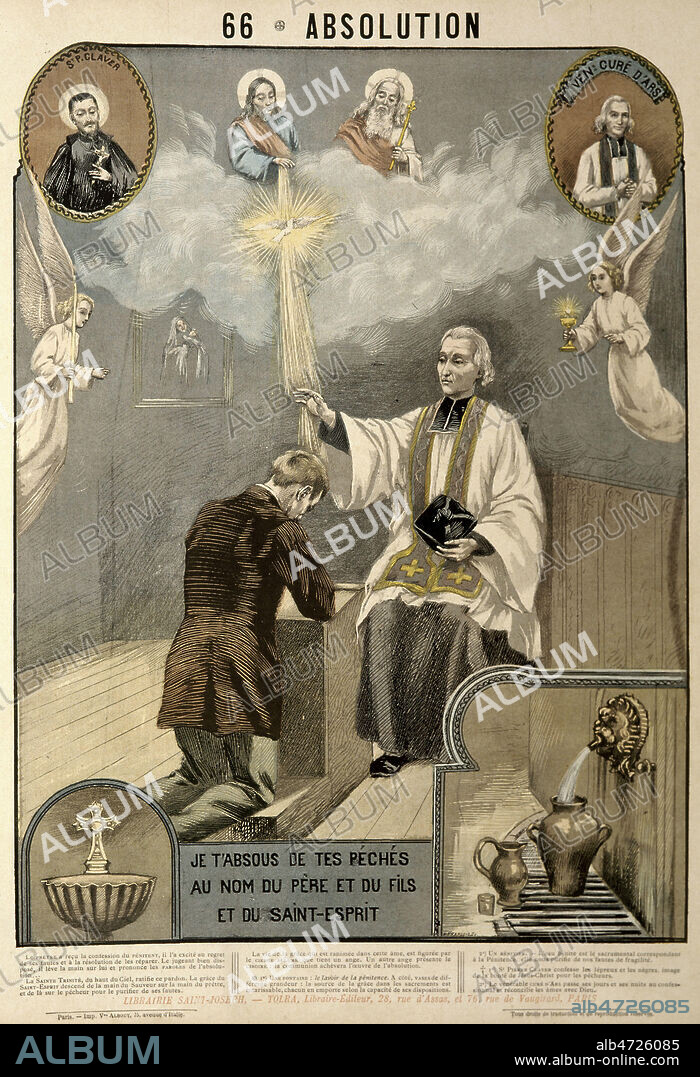 'Absolution : je t'absous de tes peches au nom du pere et du fils et du saint esprit' : un pretre absous un enfant. Gravure tiree du Grand album d'images en couleur pour l'explication du catechisme par l'abbe Moutorde a la fin du 18eme s. Credit : Collection KHARBINE-TAPABOR.