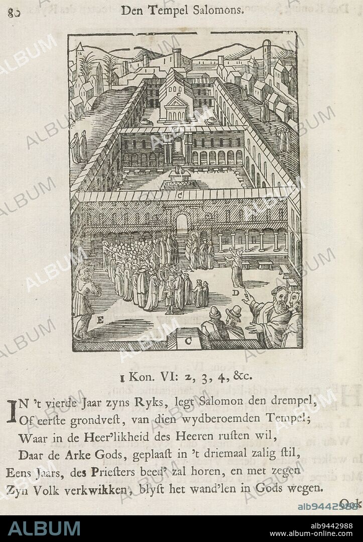 Temple of Solomon, Den tempel Salomons (title on object), The temple of Solomon with the Christ's parable of the Pharisee and the tax collector in the temple. There are letters near various parts of the scene. Above the scene a title. Below it six verses and a reference to 1 Kings 6: 2-4. The print is part of an album., print maker: Christoffel van Sichem (II), (mentioned on object), after print by: Antonie Wierix (II), after design by: Bernardino Passeri, Amsterdam, 1629 and/or 1740, paper, letterpress printing, height 103 mm × width 75 mm, height 171 mm × width 132 mm.