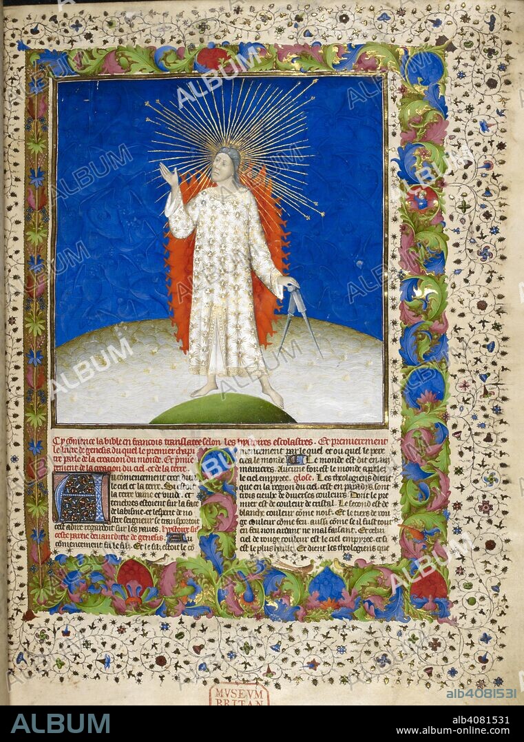 (Whole folio) Miniature containing Creation scene, with God, holding a pair of compasses, creating heaven and earth, with a decorated initial 'A' beginning the text of Genesis 1, below, and full foliate and ivy leaf borders. Bible Historiale, vol. 1. France (Paris); circa 1411. Source: Royal 19 D. III, f.3. Language: French.