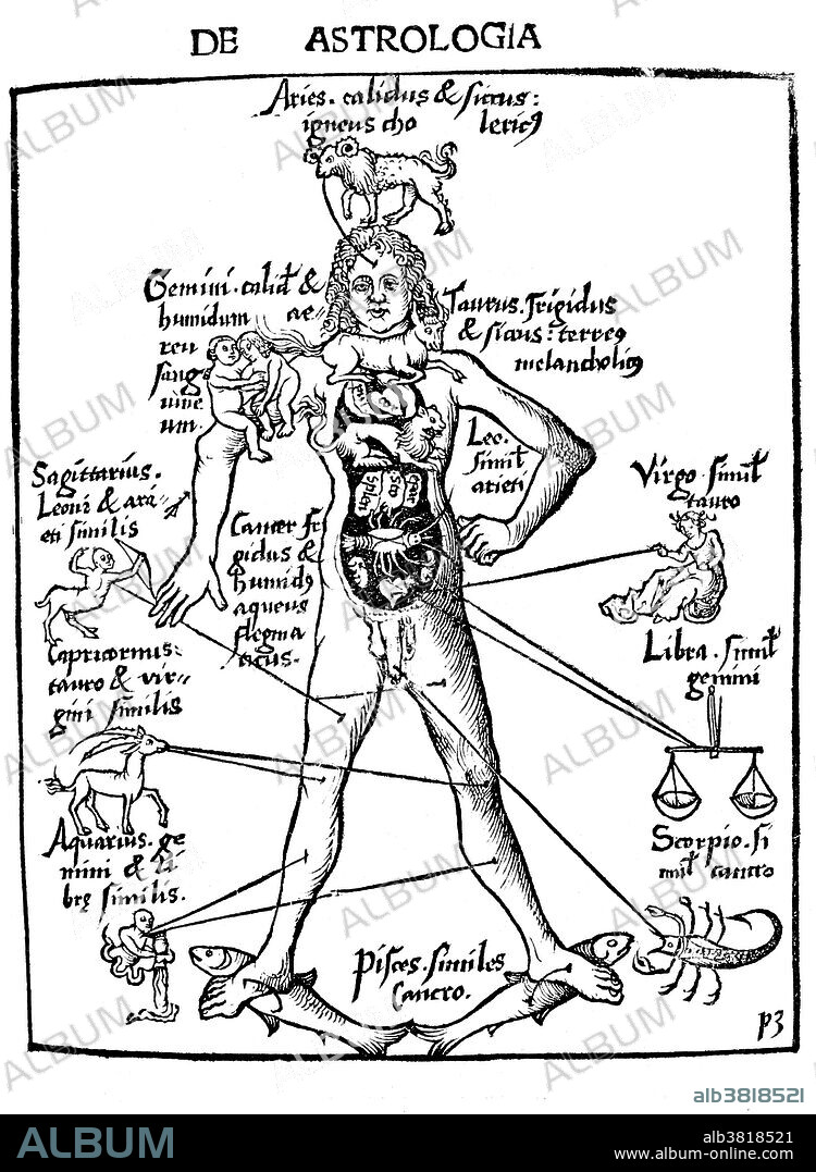 Medical astrology (Iatromathematics) is an ancient medical system that associates various parts of the body, diseases, and drugs as under the influence of the sun, moon, and planets, along with the twelve astrological signs. Each of the astrological signs is associated with different parts of the human body. The underlying basis for medical astrology, astrology itself, is considered to be a pseudoscience or superstition as there is no scientific basis for its core beliefs. Zodiac to body part is as follows: Aries: head, face, brain, eyes, Taurus: throat, neck, thyroid gland, vocal tract, Gemini: arms, lungs, shoulders, hands, nervous system, brain, Cancer: chest, breasts, stomach, alimentary canal, Leo: heart, chest, spine, spinal column, upper back, Virgo: digestive system, intestines, spleen, nervous system, Libra: kidneys, skin, lumbar region, buttocks, Scorpio: reproductive system, sexual organs, bowels, excretory system, Sagittarius: hips, thighs, liver, sciatic nerve, Capricorn: knees, joints, skeletal system, Aquarius: ankles, calves, circulatory system, Pisces: feet, toes, lymphatic system, adipose tissue. Image taken from Margarita philosophica, 1503.