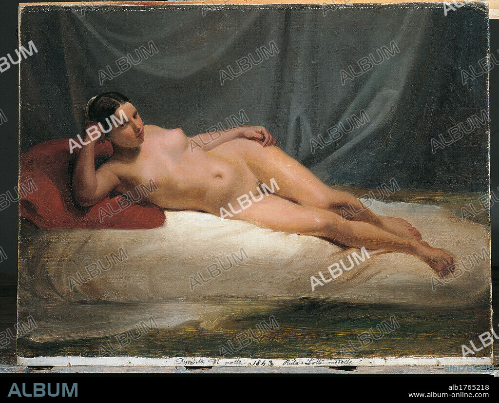 Lying Nude, by Antonio Muzzi, 1843, 19th Century,. Italy, Emilia Romagna, Bologna, National Art Gallery. All. Female nude bed pillow sheets curtain model portrait light shadow. Authorization required for non editorial use.