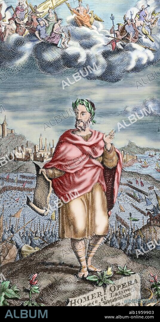 HOMERO. Poeta griego, probablemente nacido en la Jonia minorasiática. Detalle del FRONTISPICIO Y PORTADA de las OBRAS COMPLETAS DE HOMERO. Tomo Primero "LA ILIADA", escrita en griego y en latín, concentra su interés en un episodio del año noveno de la GUERRA DE TROYA. Grabado coloreado. Edición de Amsterdam del año 1743.