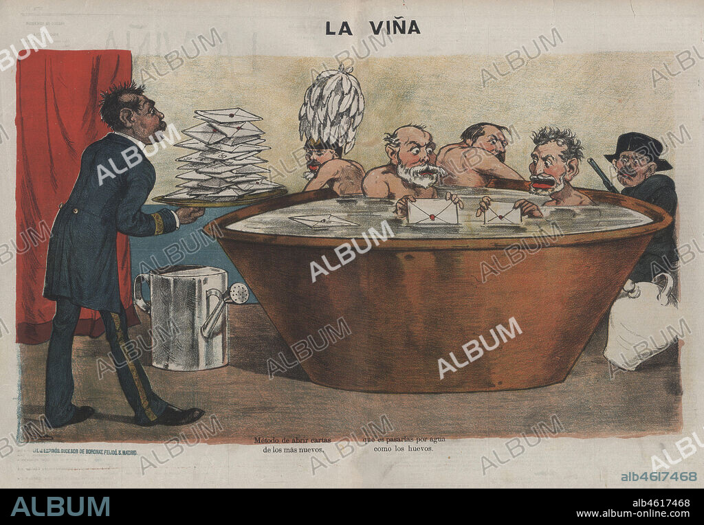 FRANCISCO RAMóN CILLA PéREZ. Dibujo político satírico publicado en el periódico La Viña. Práxedes Mateo Sagasta Escolar (1825-1903), presidente del gobierno de España recibiendo el correo en una bañera llena de agua. Año 1882.