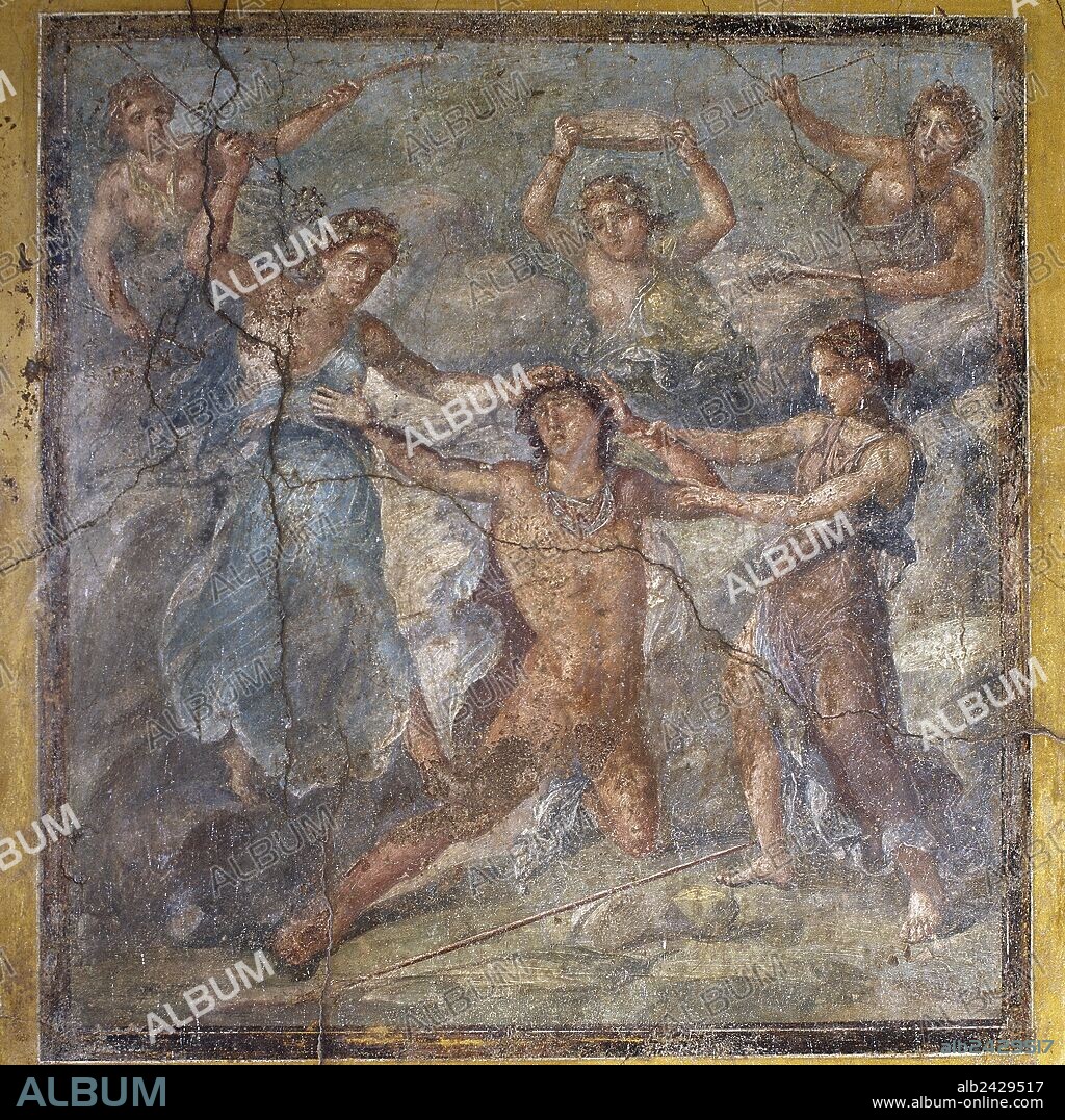 Roman fresco. Pentheus being torn by maenads. Northern wall of the triclinium in the House of Vettii. Pompeii. Italy.