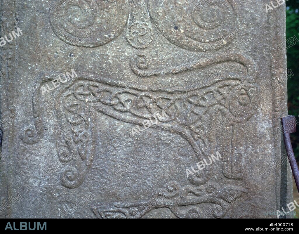 Detail of a Pictish carved stone showing the 'Pictish Beast' or 'Elephant' symbol on Rodney's Stone near Brodie Castle in Morayshire, Scotland, 6th century.