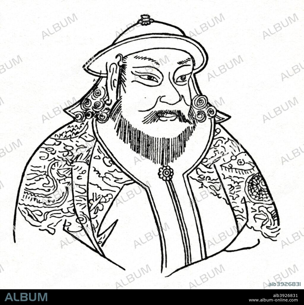 Kublai Khan (1215-1294) was the fifth Khagan (Great Khan) of the Mongol Empire, reigning from 1260 to 1294. He was the founder of the Yuan Dynasty, a division of the Mongol Empire. Taken from 'A Book of Discovery', published by T. C. & E. C. Jack Ltd. 1912.