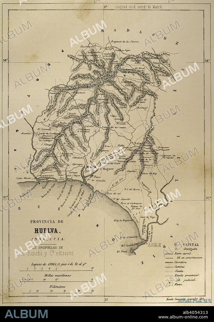 Mapa de la provincia de Huelva. Crónica General de España, Historia Ilustrada y Descriptiva de sus Provincias. Andalucía, 1867. Biblioteca Histórico Militar de Barcelona, Cataluña, España.