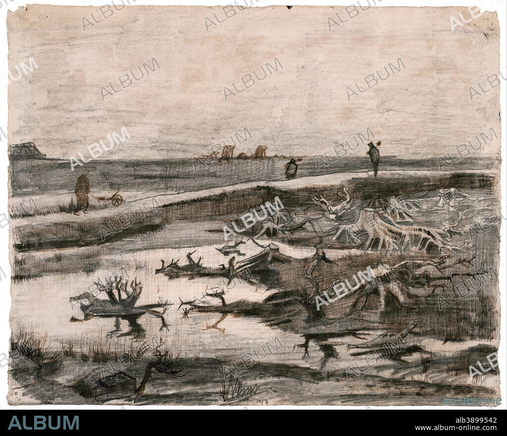 VINCENT VAN GOGH. Landscape with Bog Trunks (Travaux aux Champs). Date/Period: October, 1883. Drawing. Graphite pencil with pen and brown ink on paper. Height: 343 mm (13.50 in); Width: 424 mm (16.69 in).