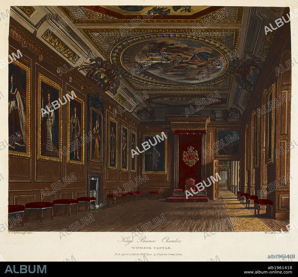 King's presence chamber, Windsor castle, Colour illustration / plate. Author William Henry Pyne, Illustrated by W.J Bennett.