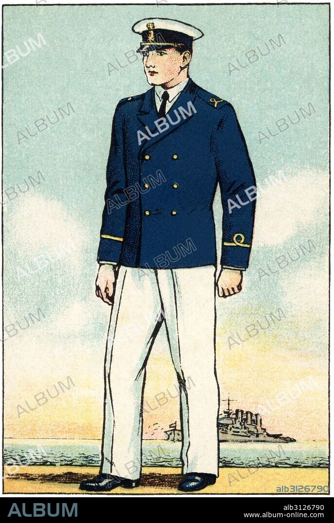 ALBERT MESTRE MORAGAS. Uniforme de oficial de la armada española de principios del siglo XX. Cromo de Chocolates Juncosa. Años 1920.