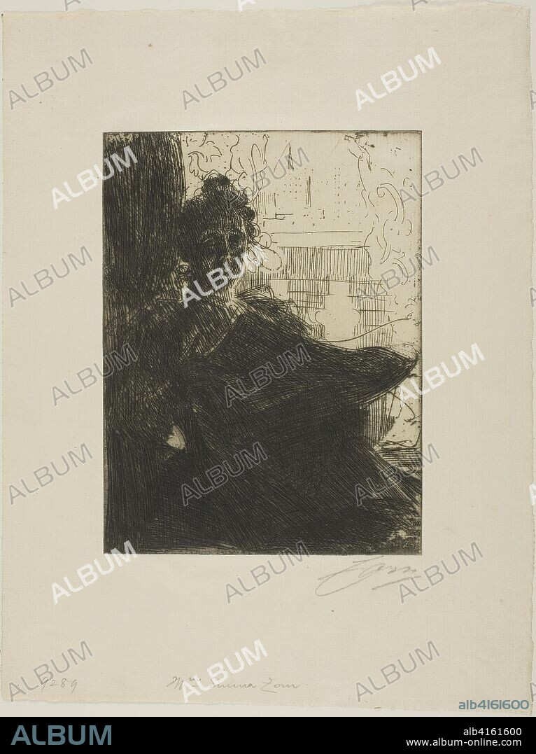 Mrs. Emma Zorn. Anders Zorn; Swedish, 1860-1920. Date: 1900. Dimensions: 200 x 150 mm (image/plate); 332 x 250 mm (sheet). Etching on ivory laid paper. Origin: Sweden.