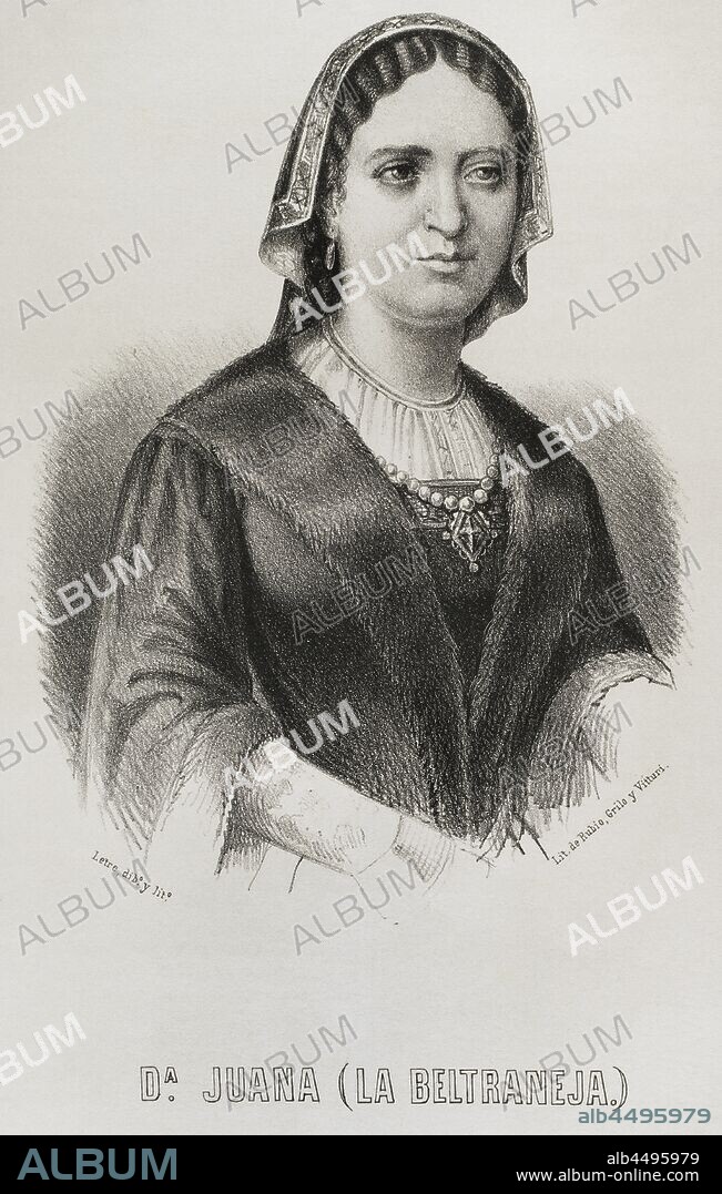 Joanna la Beltraneja (1462-1530). Spanish Infanta, heiress of the Kingdom of Castile. Queen of Portugal as the wife of King Alfonso V. Illustration by Letre. Lithography. Cronica General de Espa–a. Historia Ilustrada y Descriptiva de sus Provincias. Asturias and Leon, 1867.