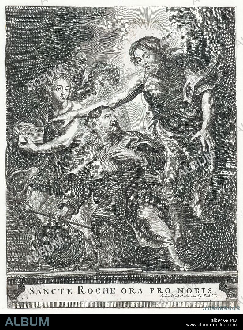 Christ Appearing to Saint Rochus, Sancte Roche Ora Pro Nobis (title on object), In the center a kneeling Rochus with hat and staff in his right hand, to his left a dog, looking up at Christ hovering to his right. Christ points with his right hand to the sign held by an angel to his left. The sign reads, 'Eris in Peste Patronus.' Below border of architecture containing: Sancte Roche Ora Pro Nobis., print maker: anonymous, after painting by: Peter Paul Rubens, printer: Frederik de Wit, (mentioned on object), Amsterdam, 1645 - 1706, paper, engraving, height 298 mm × width 228 mm.