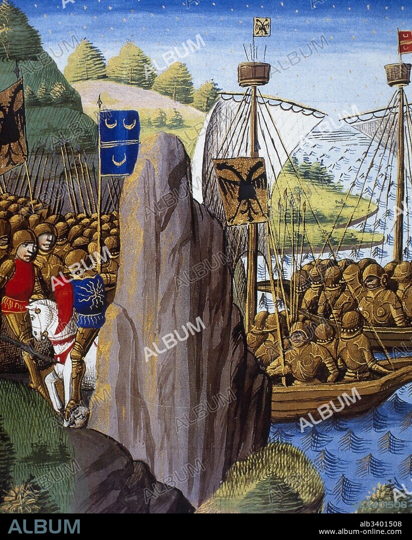 Conquista romana de Britania durante el reinado del emperador Claudio (10 a. C-54 d-C). Miniatura de un códice del siglo XV. Museo Condé. Castillo de Chantilly. Francia.