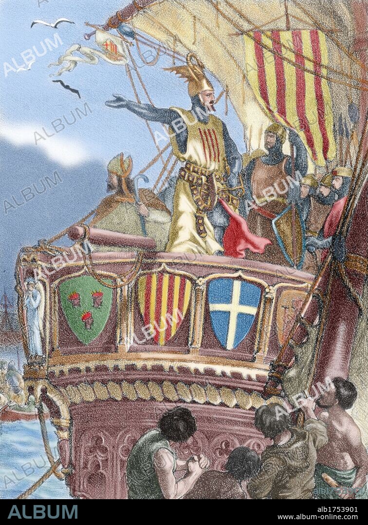 JAIME I "El Conquistador" (Montpellier,1208-Valencia,1276). Conde de Barcelona y rey de Aragón (1213-1276), de Valencia (1239-1276) y de Mallorca (1229-1276). "EXPEDICION DEL REY JAIME I A MALLORCA" (1229). Grabado coloreado del siglo XIX.