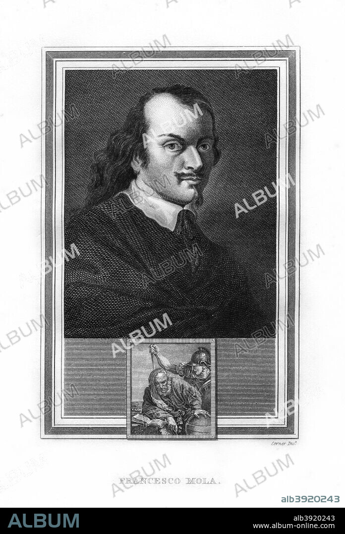 Pier Francesco Mola, Italian Baroque era painter, (1825). An engraving of Mola (1612-1666) from John Corner's Portraits of Celebrated Painters, (London, 1825).