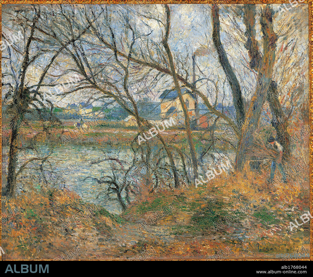 The Banks of the Oise near Pontoise, by Camille Pissarro, 1878, 19th Century, canvas, cm 54,5 x 65,5. France, Ile de France, Paris, Muse dOrsay, RF1937-57. All. Banks of the Oise near Pontoise grey weather canal wood path trees water river bank houses green brown branches clouds man bundles dried branches.