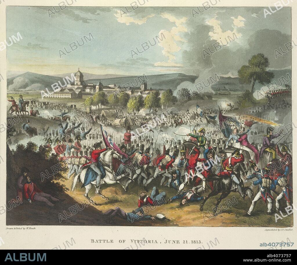 WILLIAM HEATH, J. C STADLER et DOCTOR SYNTAX. Battle of Vittoria. The Wars of Wellington, a narrative poem. ...With. London, 1819. The Battle of Vittoria was fought on June 21, 1813 during the Peninsular War, between British, Portuguese and Spanish troops, under the command of the Marquis of Wellington, and the French forces under King Joseph Bonaparte and Marshal Jourdan.  Image taken from The Wars of Wellington, a narrative poem. ...With engravings coloured  Originally published/produced in London, 1819. . Source: 838.m.7, opposite 132. Language: English.
