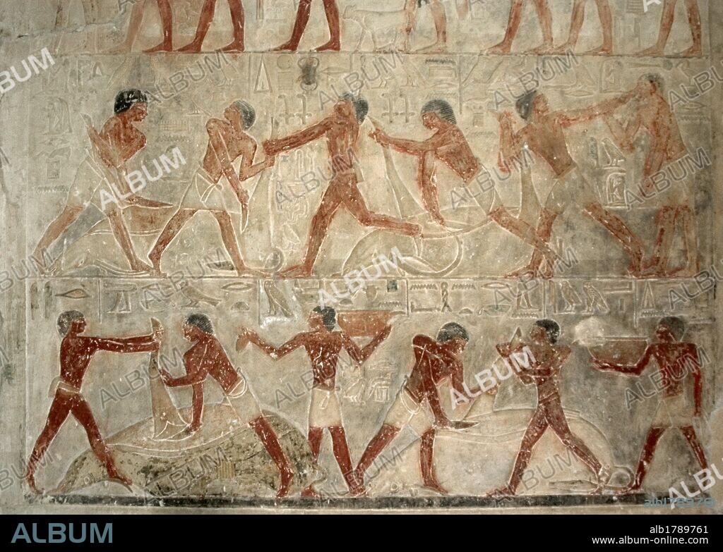 Egypt. Saqqara. Mastaba of Ptahhotep and Akhethotep. 5th Dynasty. Old Kingdom. Egyptian viziers. Father and son. Polychrome relief. Butchering. Oxen.