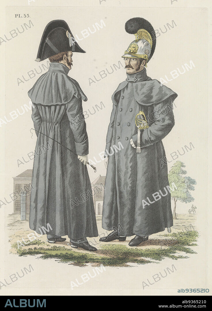 Officer of the cuirassiers, in small tenure with the cloak coat, and cuirassier in tenure with the cloak coat (title on object), Two Dutch cuirassiers. Plate 53. Uniform presentation in 'Continuation of the Description as to the Royal Dutch Troops' by J.F. Teupken, 1826., print maker: Dirk Sluyter (attributed to), intermediary draughtsman: Bartholomeus Johannes van Hove (attributed to), print maker: Netherlands, intermediary draughtsman: Netherlands, printer: The Hague, 1826, paper, etching, engraving, height 285 mm × width 206 mm.