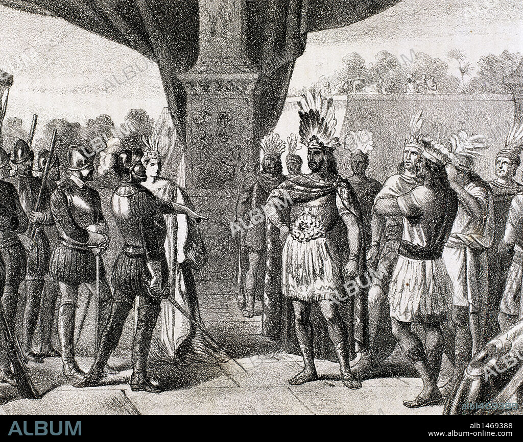 MOCTEZUMA II (1467-1520). Noveno 'thatoani' o rey de México-Tenochtitlan (1502-1520). "PRISION DE MOCTEZUMA POR ORDEN DE HERNAN CORTES". S. XVI. Grabado del año 1875. S. XIX.