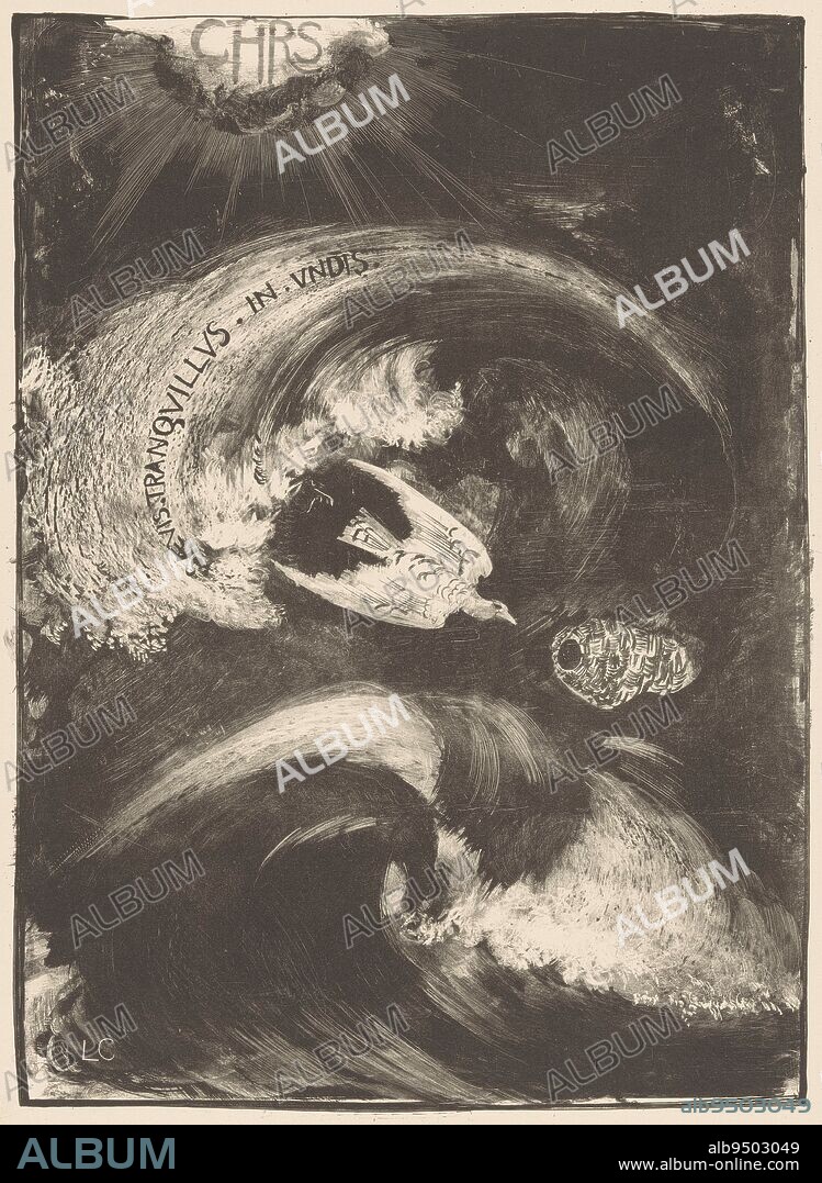 Pigeon in storm, Carel Adolph Lion Cachet, 1874 - 1931, A white dove flies above stormy waves. Behind him the motto 'Saevis tranquillus in undis'. At the top a cloud with the letters CHRS., print maker: Carel Adolph Lion Cachet, (mentioned on object), 1874 - 1931, paper, h 402 mm × w 290 mm.