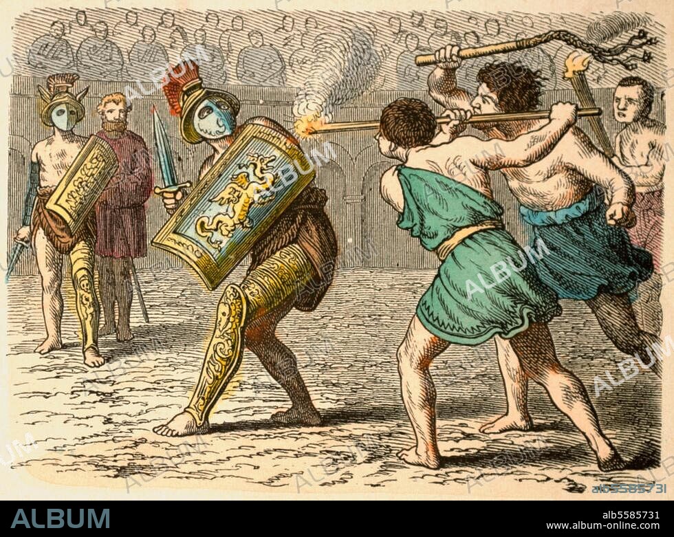 History / Antiquity / Gladiators. "The Romans: A cowardly gladiator engaged in the fight". Wood eng., Old coloured, from drawing, c. 1865, by Heinrich Leutemann (1824-1905). No. XVIII of series: Bilder aus dem Alterthume, Munich (Braun & Schneider) Münchener Bilderbogen No. 507. Berlin, Sammlung Archiv für Kunst und Geschichte.