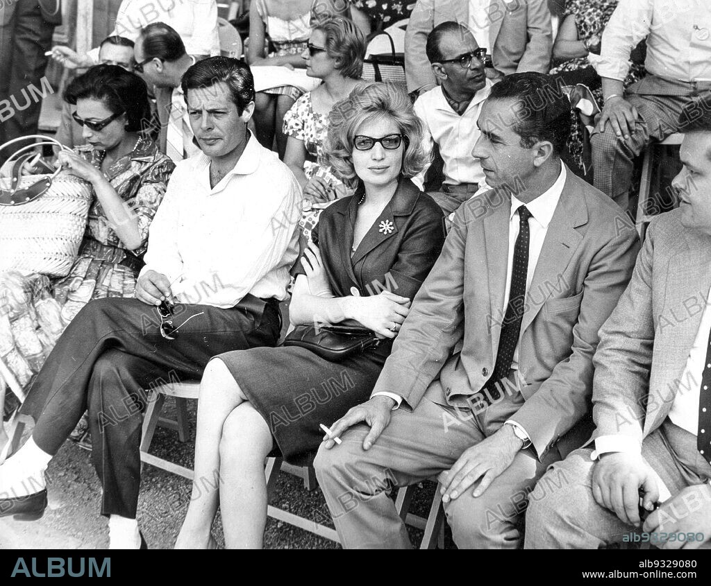 Marcello Mastroianni, Monica Vitti, Michelangelo Antonioni and Piero Zuffi, 60s.