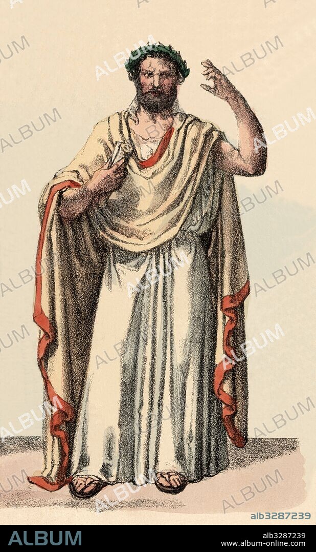 Roma. Edad antigua. Rey de sacrificios, sacerdote senatorial reservado a los patricios y elde mayor prestigio entre los sacerdotes. Grabado de 1900.