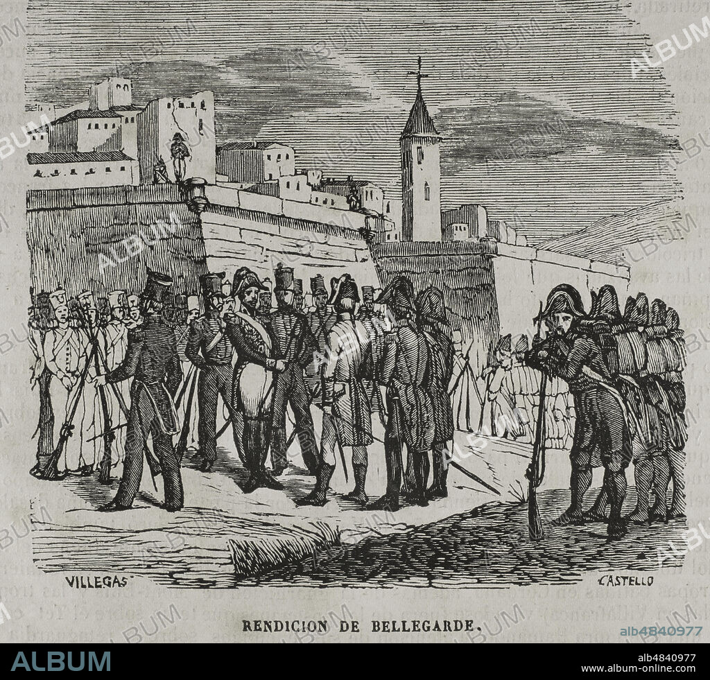 Guerra del Rosellón, también llamada Guerra de los Pirineos o Guerra de la Convención, (1793-1795). Conflicto entre la España de Carlos IV y la Primera República Francesa. Rendición de Bellegarde el 17 de septiembre de 1794. Grabado. "Historia del Levantamiento, Guerra y Revolución de España", por el conde de Toreno. Madrid,1851.