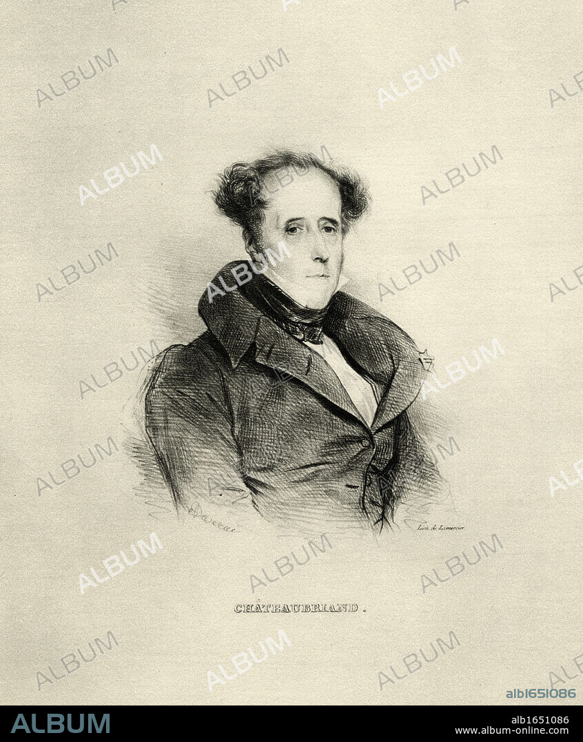 Francois Rene de Chateaubriand, 1768-1848. French politician and writer. Lithograph by A. Deveria.