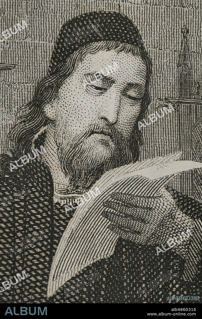 Ramón Llull (c. 1232-1316). Religioso, filósofo, poeta, místico, teólogo y misionero mallorquín. Conocido como"el doctor iluminado". Ilustración por Cava. Grabado por Roca. Detalle. Historia de Cataluña y de la Corona de Aragón, por Victor Balaguer. Barcelona,1861.