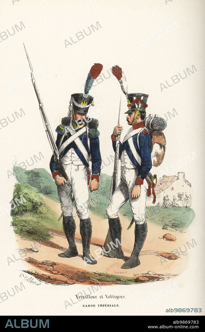Uniforms of French Imperial Guard rifleman and skirmisher regiments, 1804-1814. In shako, blue coats with red or green epaulettes, breeches and gaiters, armed with muskets. Tirailleur et Voltigeur, Garde Imperiale. Handcoloured woodcut by Nicolas Barbant  after an illustration by Hippolyte Bellangé from P.M. Laurent de lArdeches Histoire de Napoleon, Paris, 1840.